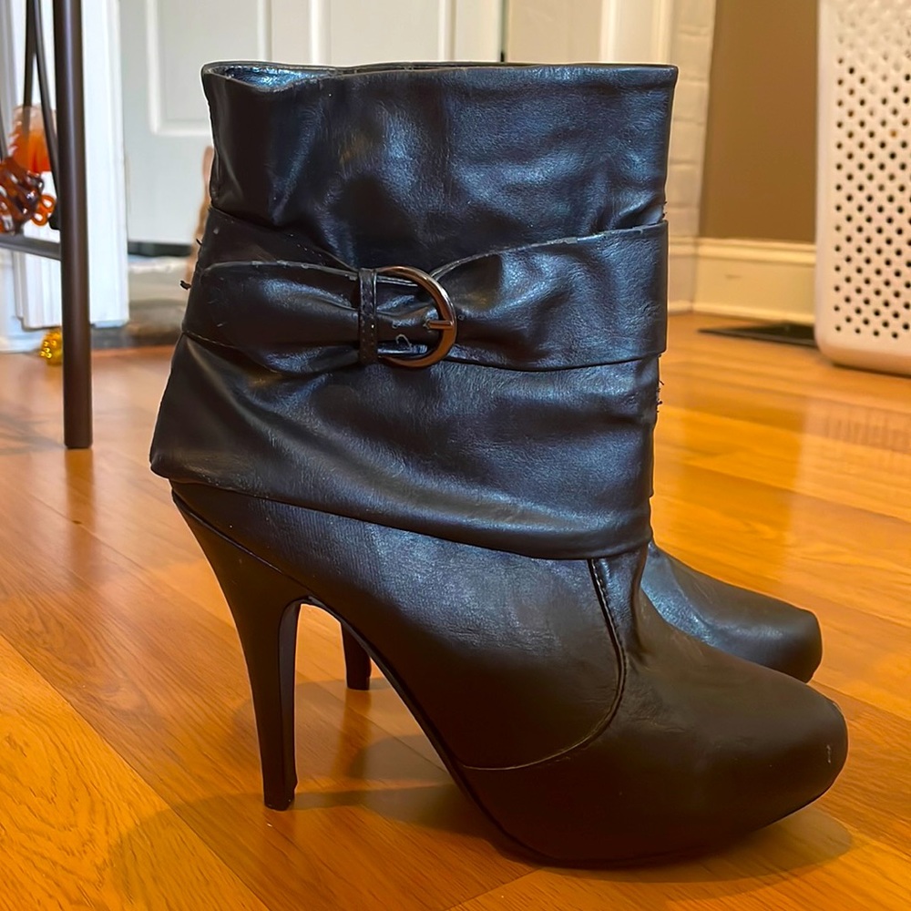 Black faux leather heeled boots